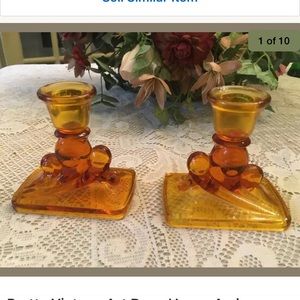 Vintage Art Deco Heavy Amber Glass Candle Holders
